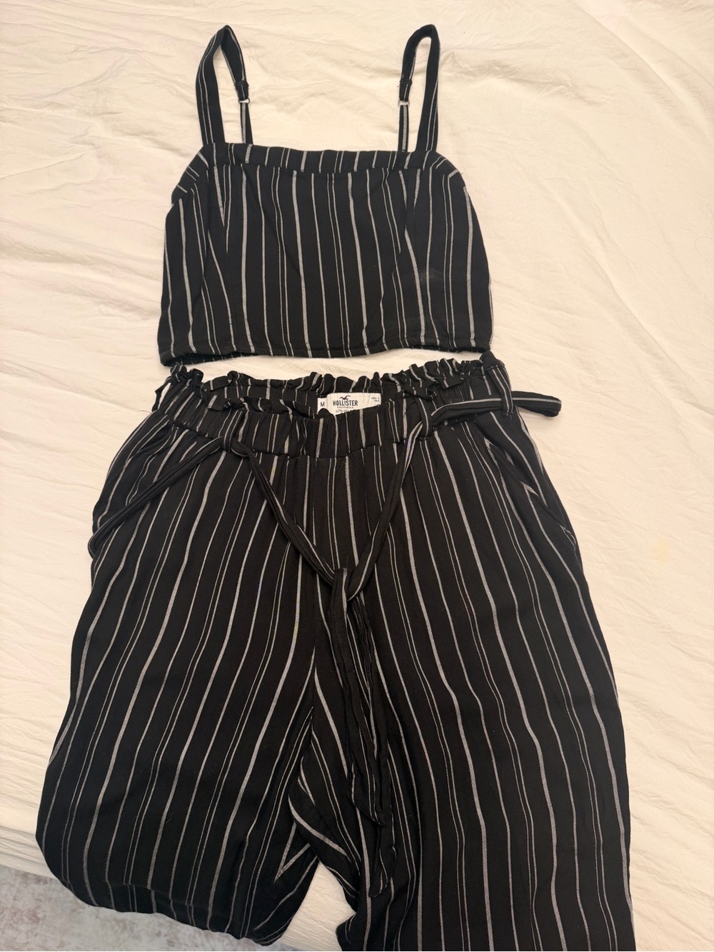 Striped Black Crop Top & Paperbag Waist Pants Set
